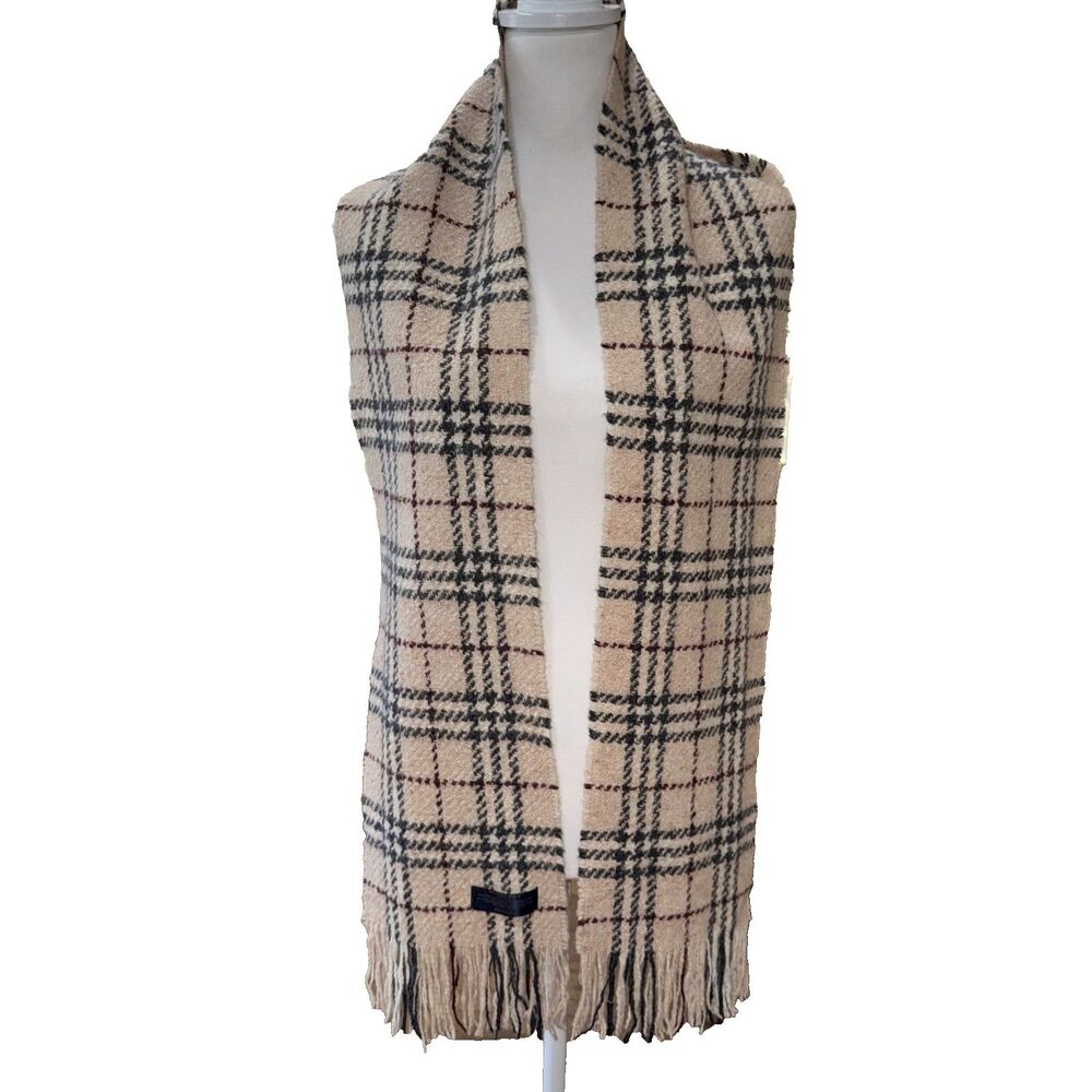Burberry London Nova Check Merino Wool Angora Scarf Beige Plaid Fringe Scotland